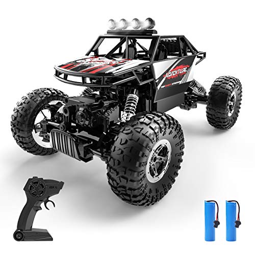 DEERC RC Cars Remote Control Car 1:14 Off Road Monster Truck,Metal Shell 4WD Dual Motors LED Headlight Rock Crawler,2.4Ghz All Terrain Hobby Truck with 2 Batteries for 90 Min Play,Boy Adult Gifts