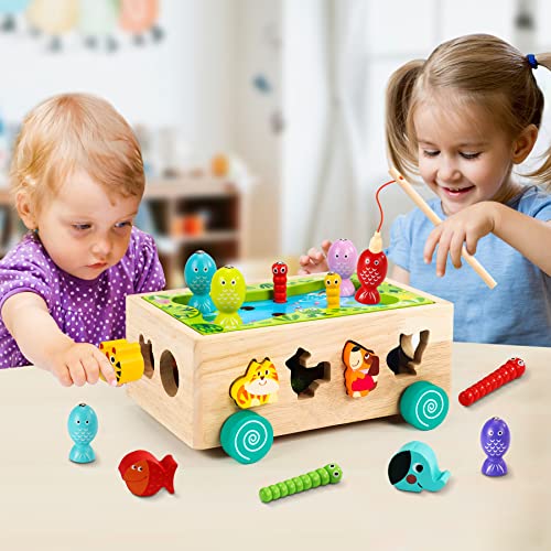 Montessori Toys for 2 3 4 Year Old | Shape Sorter Learning Toys | Wooden Fishing Game Car Preschool Fine Motor Skills 6 in1 Toddler Toys Gifts for Baby Boys Girls