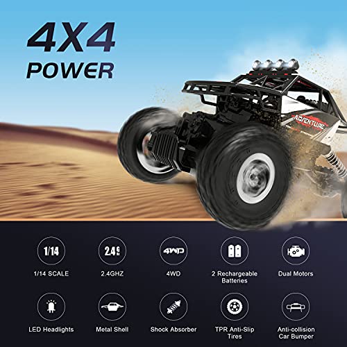 DEERC RC Cars Remote Control Car 1:14 Off Road Monster Truck,Metal Shell 4WD Dual Motors LED Headlight Rock Crawler,2.4Ghz All Terrain Hobby Truck with 2 Batteries for 90 Min Play,Boy Adult Gifts