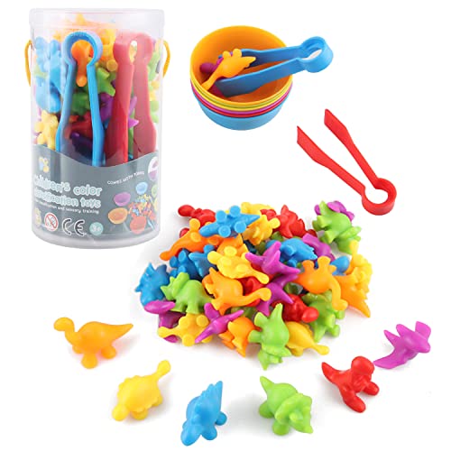 AllLeeGay Montessori Counting Toddler Toys, 48 Pcs Color Sorting Counting Dinosaurs Set from 3+ Years with Matching Bowl Tweezers, Preschool Educational Learning Toys, Math Skills (Dinosaur)