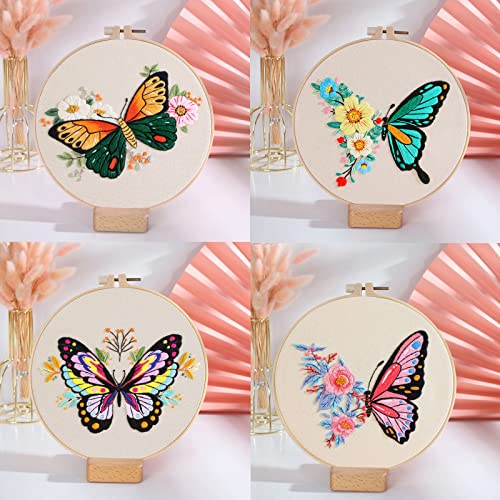 Embroidery Kit for Beginners, 4 Sets Butterfly Embroidery Starter Kits with Patterns and Instructions Cross Stitch Kits,Embroidery Clothes with Pattern,Bamboo Hoops, Threads and Needles