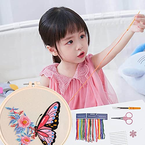 Embroidery Kit for Beginners, 4 Sets Butterfly Embroidery Starter Kits with Patterns and Instructions Cross Stitch Kits,Embroidery Clothes with Pattern,Bamboo Hoops, Threads and Needles