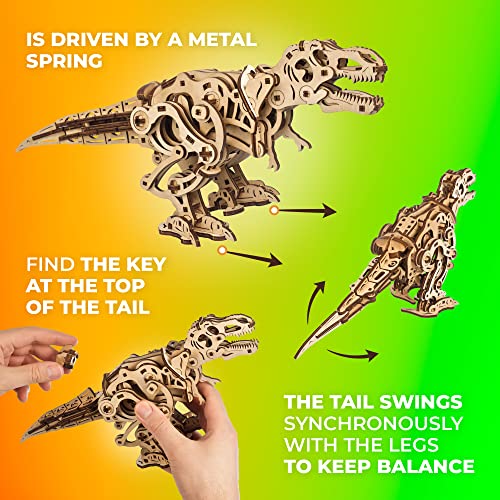 Ugears Tyrannosaurus Rex 3D Wooden Puzzles - Wooden Model Kit for Adults to Build - 3D Puzzle Set Perfect Hobbies for Men - 3D Wooden Model Mechanical Dinosaur with Bipedal Motion