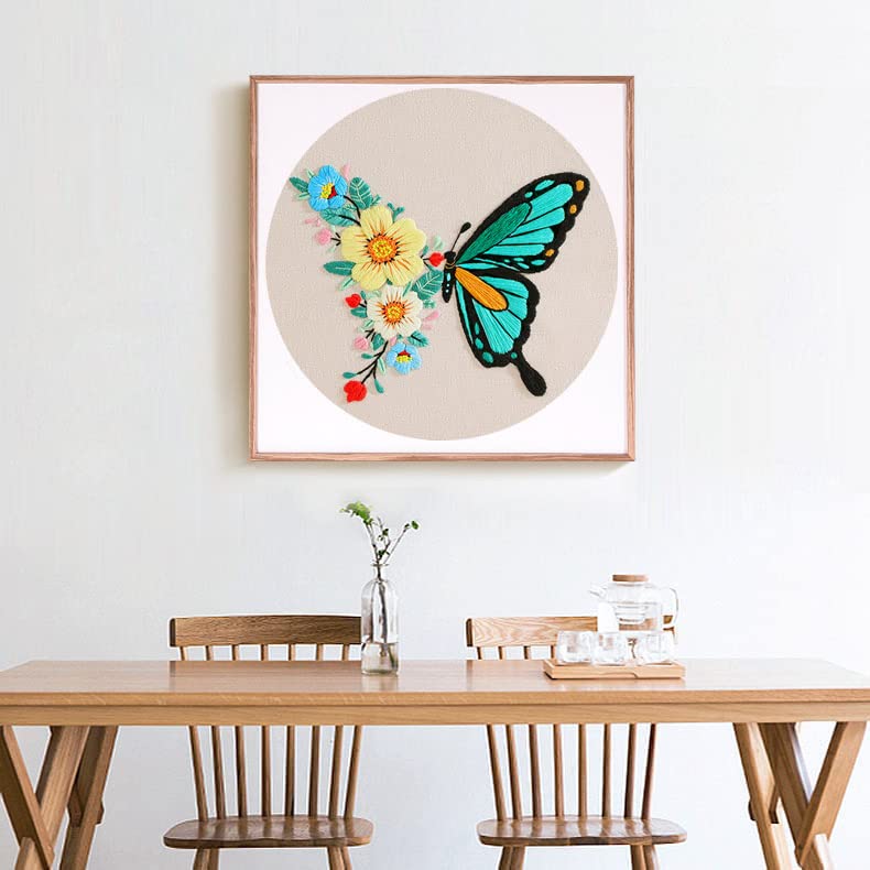 Embroidery Kit for Beginners, 4 Sets Butterfly Embroidery Starter Kits with Patterns and Instructions Cross Stitch Kits,Embroidery Clothes with Pattern,Bamboo Hoops, Threads and Needles