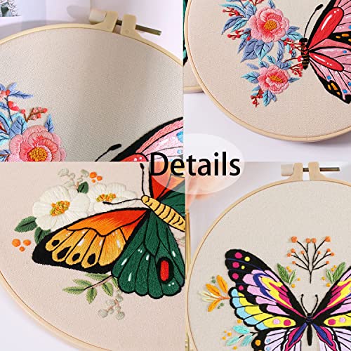 Embroidery Kit for Beginners, 4 Sets Butterfly Embroidery Starter Kits with Patterns and Instructions Cross Stitch Kits,Embroidery Clothes with Pattern,Bamboo Hoops, Threads and Needles
