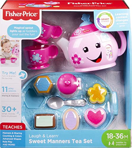 Fisher-Price Laugh & Learn Toddler Learning Toy Sweet Manners Tea Set with Smart Stages for Pretend Play Ages 18+ Months, DYM76