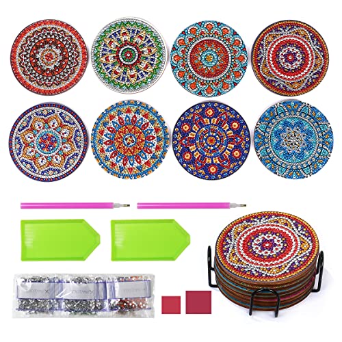 VicBou 8 pcs Diamond Painting Coasters with Holder, Diamond Art Car Cup Coaster, Round Diamond Art Cup Drinks Coasters kits, DIY Mandala Coasters for Adults Kids Crafts(type 1)