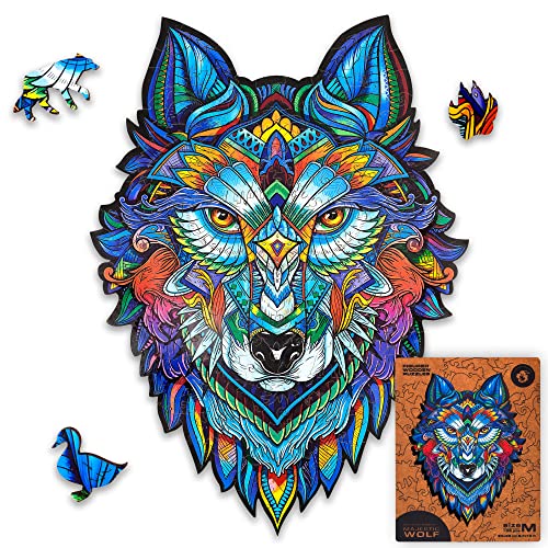 UNIDRAGON Original Wooden Jigsaw Puzzle - Majestic Wolf, 185 pcs, Medium 9.7"x13", Unique Animal Shaped Puzzle Box, Birthday Gift Idea for Kids, Adults, Girls, Boys, Family Game and Hobby