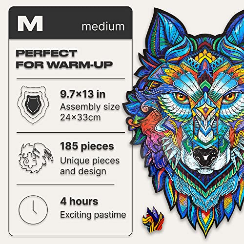 UNIDRAGON Original Wooden Jigsaw Puzzle - Majestic Wolf, 185 pcs, Medium 9.7"x13", Unique Animal Shaped Puzzle Box, Birthday Gift Idea for Kids, Adults, Girls, Boys, Family Game and Hobby