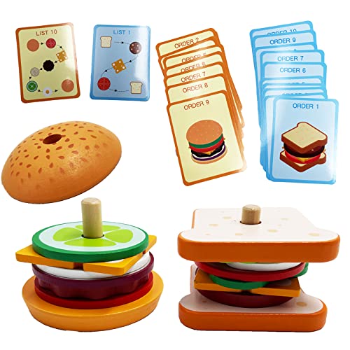 Montessori Toys for 3 Year Olds - Wooden Stacking Toys Burger Sandwich with Order Cards Educational Toys for Kids Toddlers Baby 3 4 5 Year Olds Learning Blocks Gifts for Boys Girls