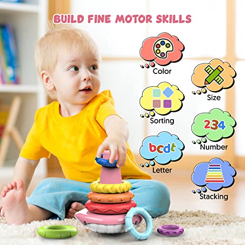 Baby Stacking Toys Age 6 9 12 18+ Months, Montessori Toddler Sensory Stacking Toys with Sounds,Rainbow Stacking Rings Fine Motor Skills Learning Educational Toys Gifts for 1 Year Old Girls Boys