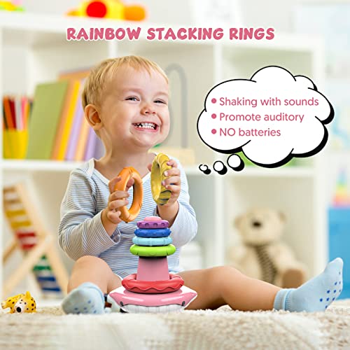 Baby Stacking Toys Age 6 9 12 18+ Months, Montessori Toddler Sensory Stacking Toys with Sounds,Rainbow Stacking Rings Fine Motor Skills Learning Educational Toys Gifts for 1 Year Old Girls Boys
