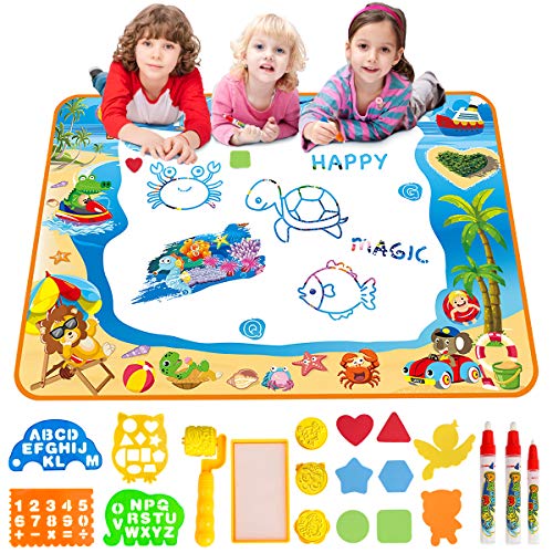 Water Doodle Mat Aqua Drawing Painting Mat Large 100 x 70cm Mess Free Learning Toys for 3 4 5 6 Year Old Boys Girls Toddlers Birthday Christmas Gift with 3 Magic Pens, Stamp Set Boys Girls Gift Toy