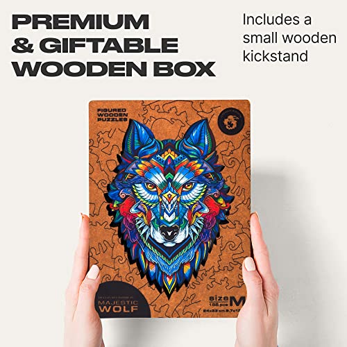 UNIDRAGON Original Wooden Jigsaw Puzzle - Majestic Wolf, 185 pcs, Medium 9.7"x13", Unique Animal Shaped Puzzle Box, Birthday Gift Idea for Kids, Adults, Girls, Boys, Family Game and Hobby