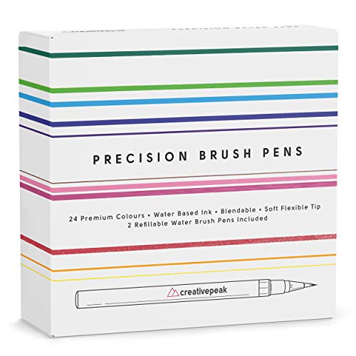 Creativepeak Watercolour Brush Pens - 24 Vibrant Colouring Pens & 2 Blending Brushes - Quality Art Supplies Featuring Soft Tip - Perfect for Calligraphy, Lettering, Adult Colouring