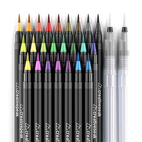 Creativepeak Watercolour Brush Pens - 24 Vibrant Colouring Pens & 2 Blending Brushes - Quality Art Supplies Featuring Soft Tip - Perfect for Calligraphy, Lettering, Adult Colouring