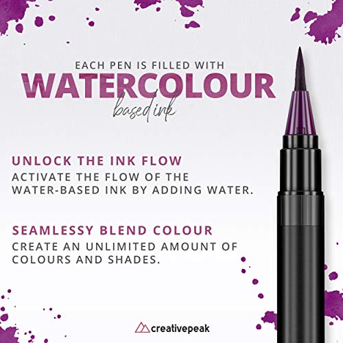 Creativepeak Watercolour Brush Pens - 24 Vibrant Colouring Pens & 2 Blending Brushes - Quality Art Supplies Featuring Soft Tip - Perfect for Calligraphy, Lettering, Adult Colouring