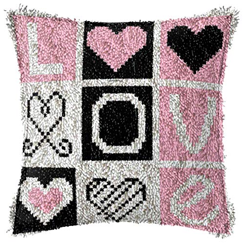 NZHK Latch Hook Kits, Latch Hook Kit for Beginners Love Throw Pillow Cover Pattern Printed Sofa Cushion Crochet Needle for Carpet Embroidery 17" X 17"