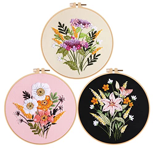 Falovs Embroidery Starter Kit, 3 Pack Embroidery Beginner Kits, Adult Women’s Hobbies, Including Cloth with Floral Patterns, Instructions, Embroidery Bamboo Hoop, Embroidery Threads and Tools