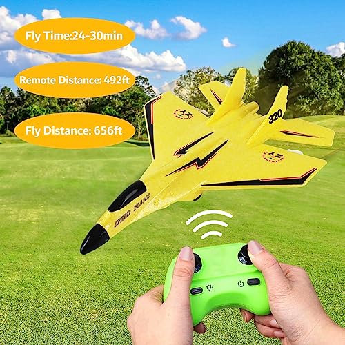 Colcolo RC Plane Foam RC Airplane with Light, 2x Flight Time Easy to Control 28.5x21cm Outdoor Flighting Toys Jet Fighter Toys 2 Channel RC Glider for Beginner Adults，Yellow Pro