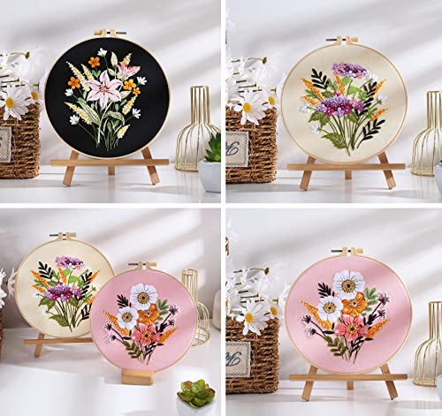 Falovs Embroidery Starter Kit, 3 Pack Embroidery Beginner Kits, Adult Women’s Hobbies, Including Cloth with Floral Patterns, Instructions, Embroidery Bamboo Hoop, Embroidery Threads and Tools