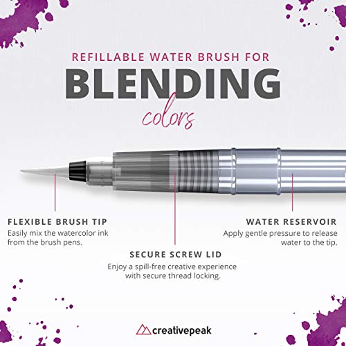 Creativepeak Watercolour Brush Pens - 24 Vibrant Colouring Pens & 2 Blending Brushes - Quality Art Supplies Featuring Soft Tip - Perfect for Calligraphy, Lettering, Adult Colouring