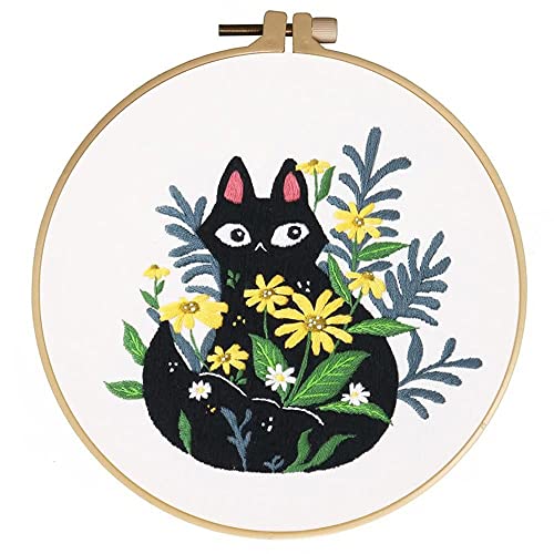Embroidery Kit for Adults Beginners Starter Cross Stich Kit with Black Cat Flower Pattern Stamped Embroidery Cloth Hoops Threads Needles Easy Handmade Needlepoint Kits,Black Cat