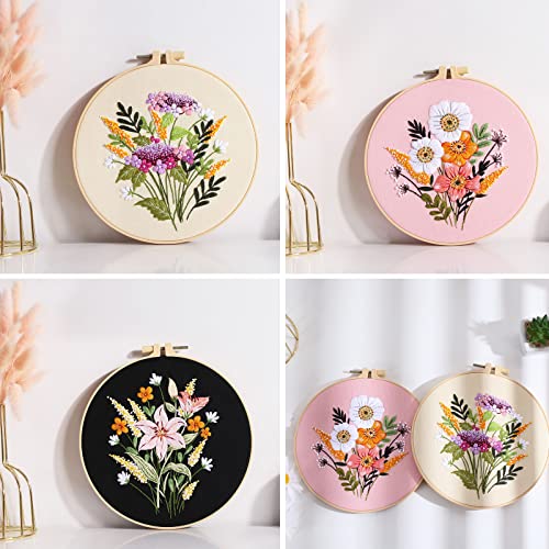 Falovs Embroidery Starter Kit, 3 Pack Embroidery Beginner Kits, Adult Women’s Hobbies, Including Cloth with Floral Patterns, Instructions, Embroidery Bamboo Hoop, Embroidery Threads and Tools