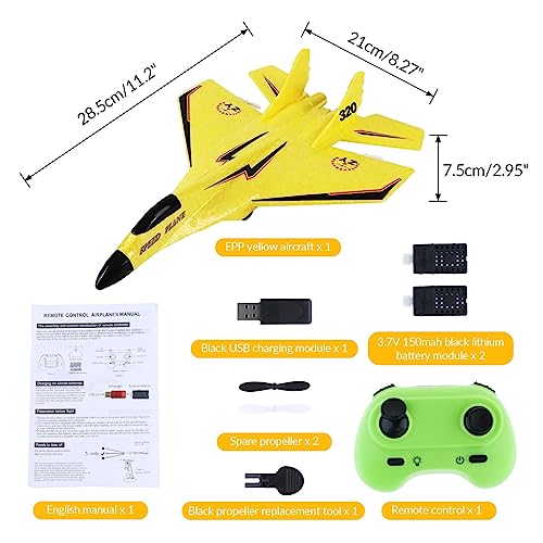Colcolo RC Plane Foam RC Airplane with Light, 2x Flight Time Easy to Control 28.5x21cm Outdoor Flighting Toys Jet Fighter Toys 2 Channel RC Glider for Beginner Adults，Yellow Pro