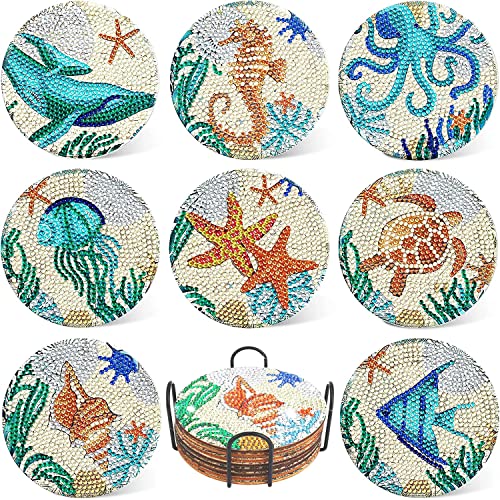 Funvalley Surperfect 8 Pack Diamond Painting Coasters with Stand, DIY Sea Life Coasters Diamond Art Kit for Adult Kids Beginners Diamond Art Craft Kit