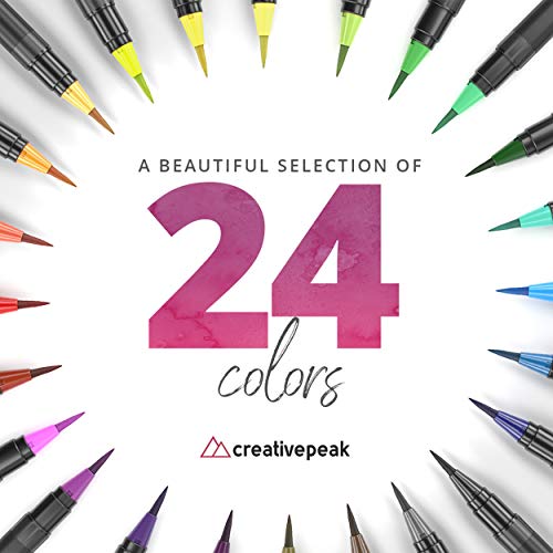Creativepeak Watercolour Brush Pens - 24 Vibrant Colouring Pens & 2 Blending Brushes - Quality Art Supplies Featuring Soft Tip - Perfect for Calligraphy, Lettering, Adult Colouring