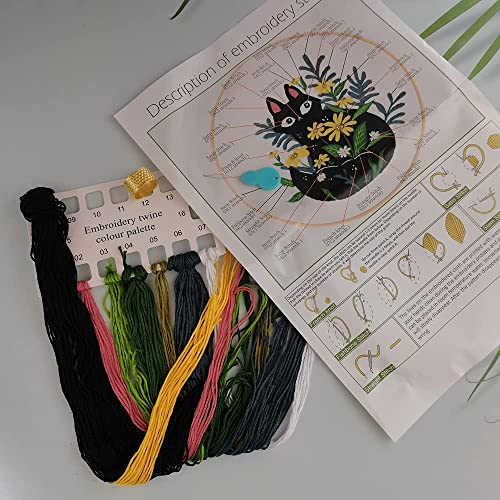 Embroidery Kit for Adults Beginners Starter Cross Stich Kit with Black Cat Flower Pattern Stamped Embroidery Cloth Hoops Threads Needles Easy Handmade Needlepoint Kits,Black Cat