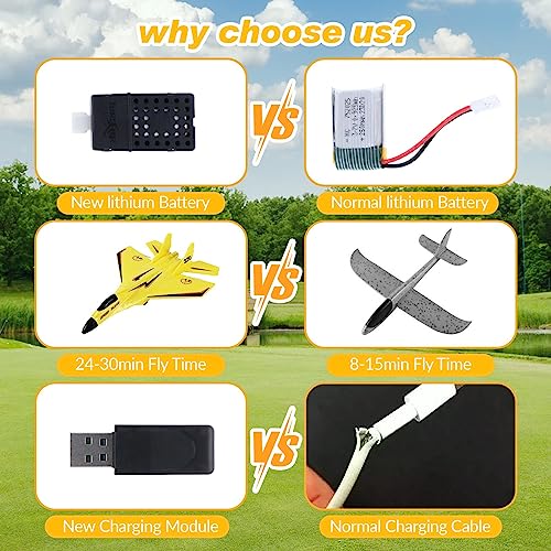 Colcolo RC Plane Foam RC Airplane with Light, 2x Flight Time Easy to Control 28.5x21cm Outdoor Flighting Toys Jet Fighter Toys 2 Channel RC Glider for Beginner Adults，Yellow Pro