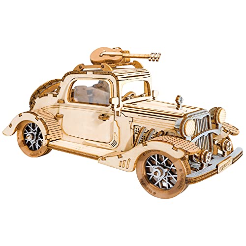 ROBOTIME Vintage Car Wooden Model Jigsaw Set, a 3D Puzzle and Craft Set for Adults and Children as a gift or decorative collection.