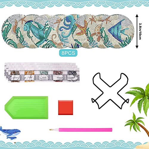 Funvalley Surperfect 8 Pack Diamond Painting Coasters with Stand, DIY Sea Life Coasters Diamond Art Kit for Adult Kids Beginners Diamond Art Craft Kit