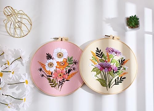 Falovs Embroidery Starter Kit, 3 Pack Embroidery Beginner Kits, Adult Women’s Hobbies, Including Cloth with Floral Patterns, Instructions, Embroidery Bamboo Hoop, Embroidery Threads and Tools