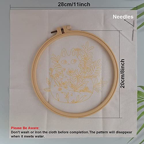 Embroidery Kit for Adults Beginners Starter Cross Stich Kit with Black Cat Flower Pattern Stamped Embroidery Cloth Hoops Threads Needles Easy Handmade Needlepoint Kits,Black Cat