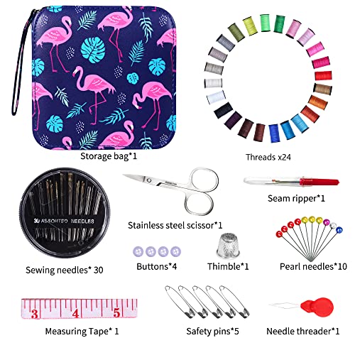 AUERVO Mini Sewing Kits, Needle and Thread Kit with Basic Sewing Supplies and Accessories, Travel Portable Sewing Kit for Emergency Repairs, Home, Hand Sewing Set for Beginners,Adults (Flamingo)