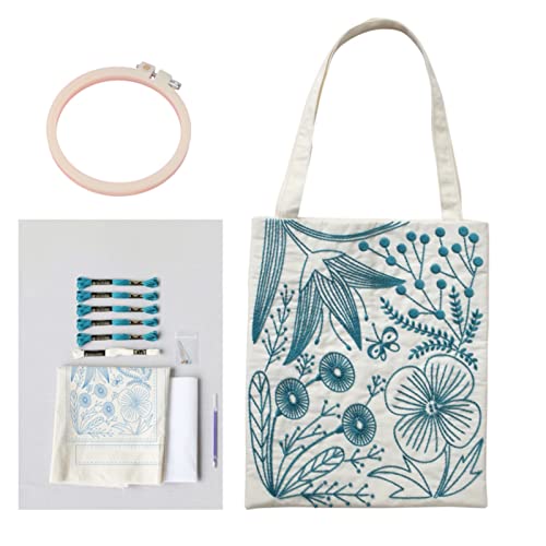 Smart-Feather Flower Embroidery Kit Tote Bag, Hand Embroidery Kit for Adults Beginner with Embroidery Patterns, Embroidery Hoop,DIY Sewing Kit