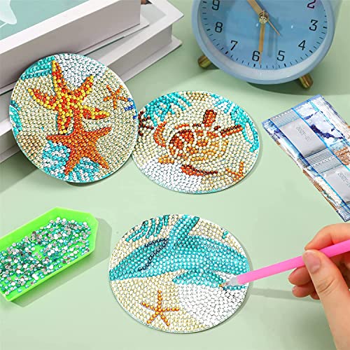 Funvalley Surperfect 8 Pack Diamond Painting Coasters with Stand, DIY Sea Life Coasters Diamond Art Kit for Adult Kids Beginners Diamond Art Craft Kit