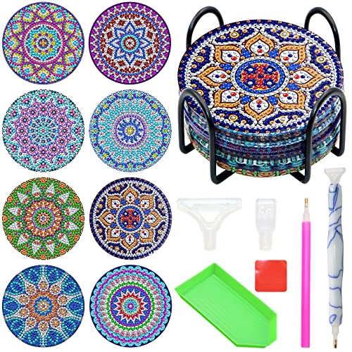 SPOKKI 8 Pcs Diamond Painting Coasters with Holder, DIY Mandala Cup Coasters Diamond Art Kits with Diamond Painting Pen, Shining Drink Coasters Cork Base, Arts and Crafts for Adults Kids