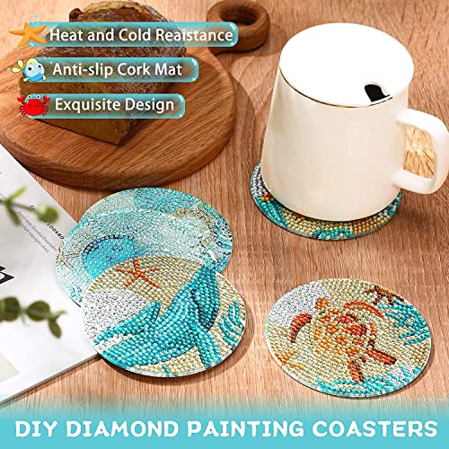 Funvalley Surperfect 8 Pack Diamond Painting Coasters with Stand, DIY Sea Life Coasters Diamond Art Kit for Adult Kids Beginners Diamond Art Craft Kit