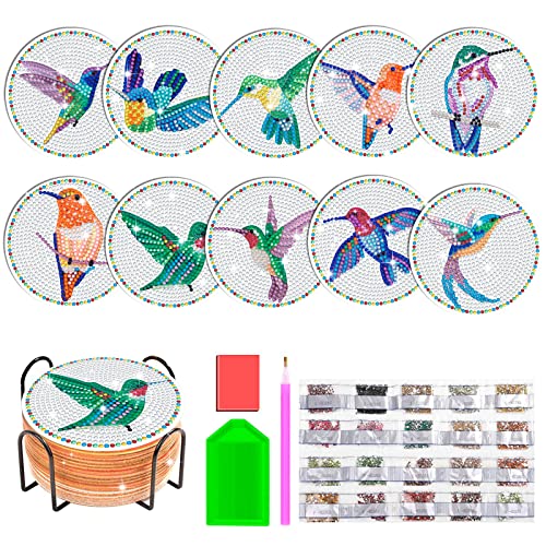 10 Pcs Hummingbird Diamond Art Car Cup Coaster,Diamond Art Coasters with Holder,DIY Hummingbird Diamond Painting Coasters for Adults Beginners and Kids Art Craft Supplies Gift