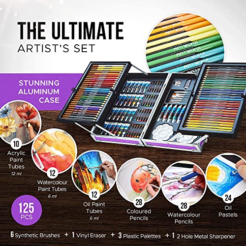 Artworx Multi Media Art Set - 125 Piece Aluminium Art Case With Paints, Colour Pencils & Oil Pastels - Art Kit With Mixed Art Supplies