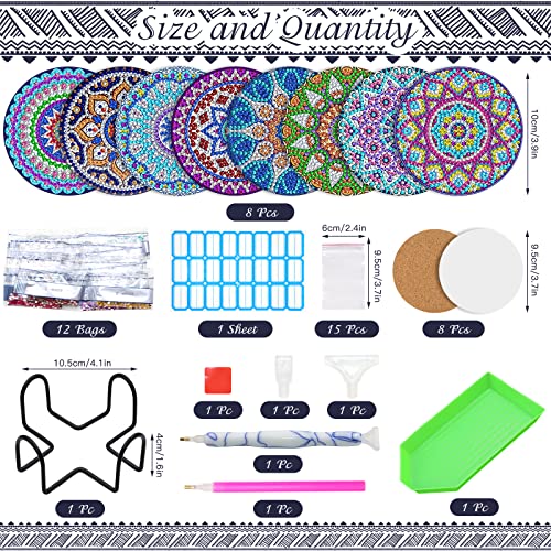 SPOKKI 8 Pcs Diamond Painting Coasters with Holder, DIY Mandala Cup Coasters Diamond Art Kits with Diamond Painting Pen, Shining Drink Coasters Cork Base, Arts and Crafts for Adults Kids