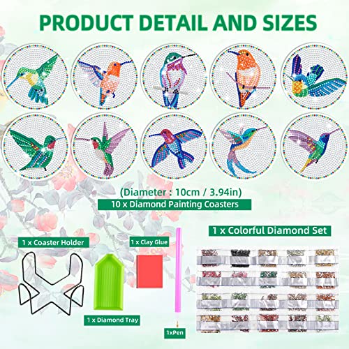 10 Pcs Hummingbird Diamond Art Car Cup Coaster,Diamond Art Coasters with Holder,DIY Hummingbird Diamond Painting Coasters for Adults Beginners and Kids Art Craft Supplies Gift