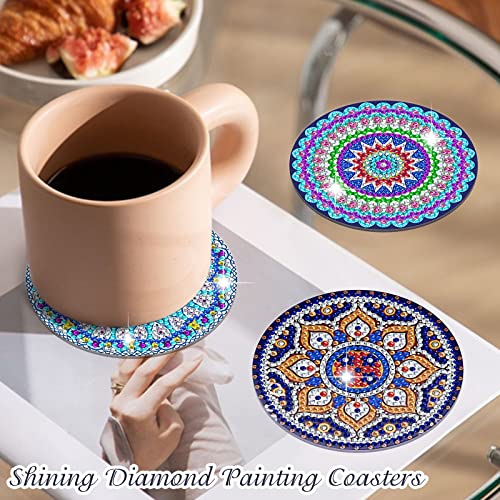 SPOKKI 8 Pcs Diamond Painting Coasters with Holder, DIY Mandala Cup Coasters Diamond Art Kits with Diamond Painting Pen, Shining Drink Coasters Cork Base, Arts and Crafts for Adults Kids
