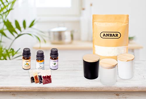 Anbar DIY Candle Making Kit for Adults with Natural Soy Wax, Cotton Wicks, Essential Oils, Glass Jars, Thermometer, Labels, and Essential Accessories for Scented Votive Candles, Fun Hobby Crafting Set