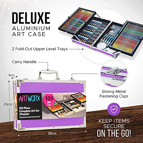 Artworx Multi Media Art Set - 125 Piece Aluminium Art Case With Paints, Colour Pencils & Oil Pastels - Art Kit With Mixed Art Supplies