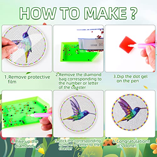 10 Pcs Hummingbird Diamond Art Car Cup Coaster,Diamond Art Coasters with Holder,DIY Hummingbird Diamond Painting Coasters for Adults Beginners and Kids Art Craft Supplies Gift